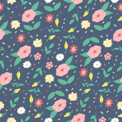 Garden flower, plants ,botanical ,seamless pattern vector design for fashion, fabric, wallpaper and all prints on dark navy background color. Pink, white and yellow flowers with green leaves and petal