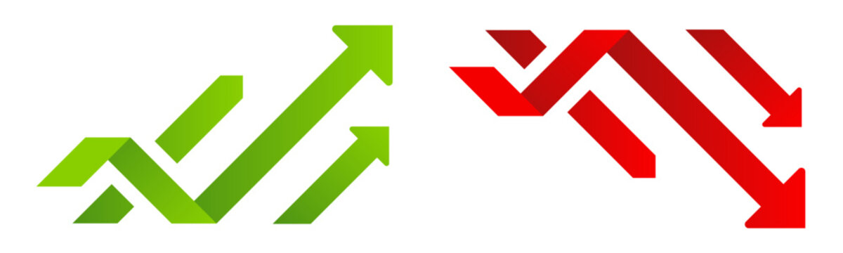 Profit growing and decrease sumbol. Statistic up and down arrows. Business growths chart. Green and red arrow - stock vector.