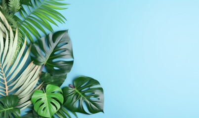 Fototapeta na wymiar Tropical monstera leaves on a pastel blue background. Created by generative AI