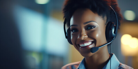 Cheerful black woman customer support representative ready to assist. Created by AI tools