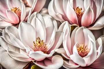 A Still Life Close up Shot of Magnolia Flowers. Delicate petals unfurl in a display of nature's grace,  their intricate patterns and subtle hues - AI Generative