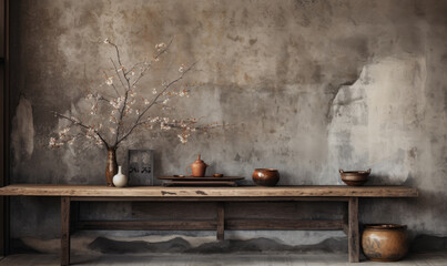 Wabi-sabi interior with vases on a shelf and table, . Created by AI