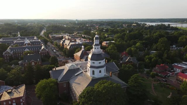 Aerial view of Annapolis, a small town at sunset, Maryland, United States.