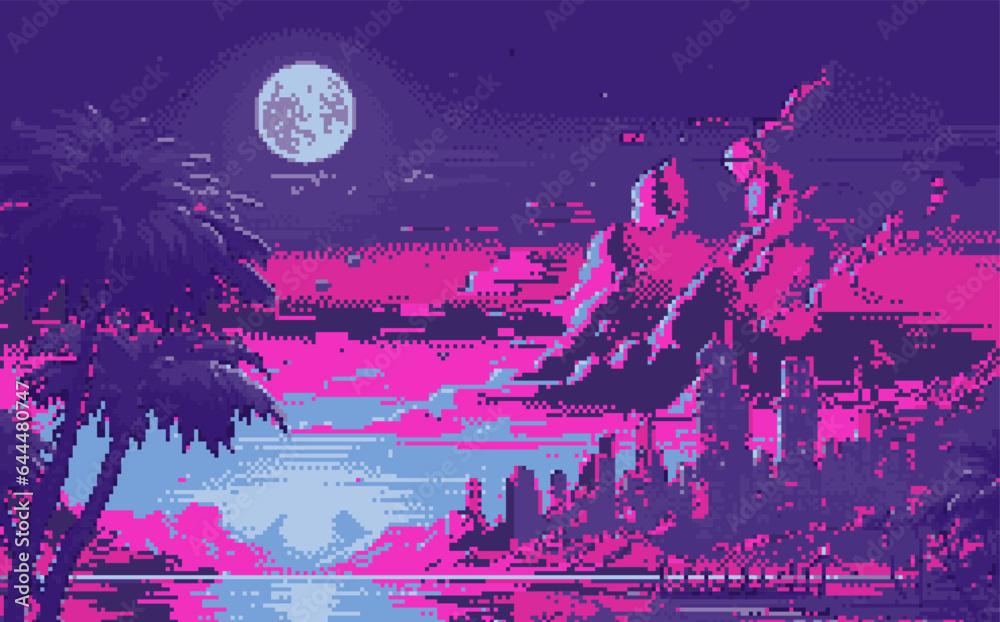 Poster Synthwave retro 8-bit pixel art landscape with palms and moon in neon colors.