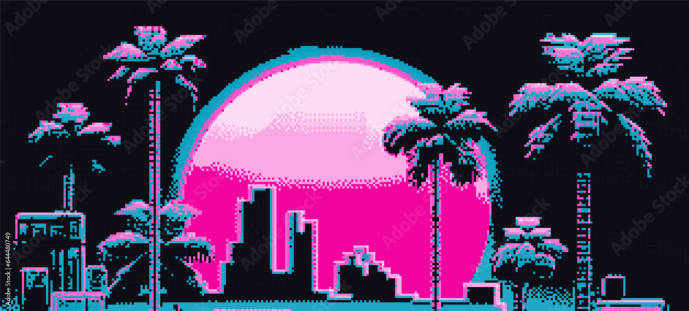 Aufkleber synthwave retro 8-bit pixel art landscape with palms and moon in neon colors.
