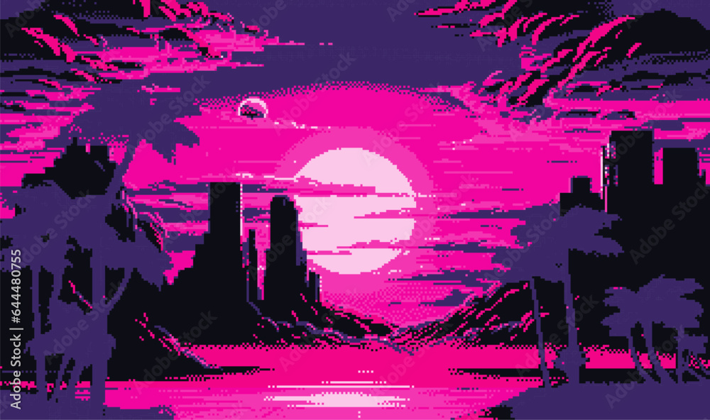 Aufkleber synthwave retro 8-bit pixel art landscape with palms and moon in neon colors.