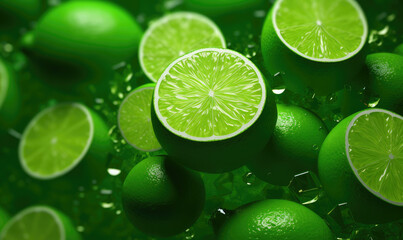 Close-up of vibrant lime slices adorned with water droplets, set against a backdrop of fresh foliage. Created by AI tools