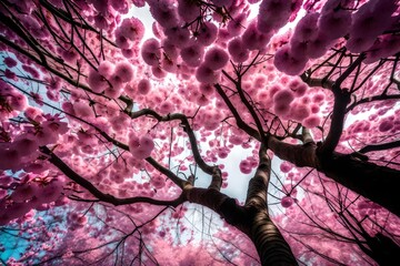 The black silhouette of the tree's trunk and branches can be seen while looking up into the pink cherry blossom tree canopy; behind them, however, is a luscious pink canopy of cherry blossoms.