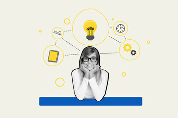 Artwork sketch banner collage of smiling intelligent girl student sit classroom imagine plan excellent idea isolated on drawing background