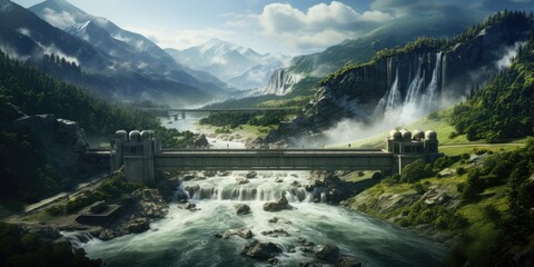 Image of a hydroelectric dam, as source of energy the movement of water. Generative AI