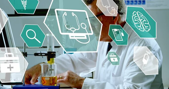Animation of multiple icons over caucasian scientist mixing and injecting liquid in beaker
