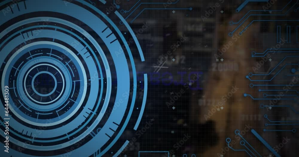 Poster animation of loading circles, circuit board pattern and computer language over abstract background
