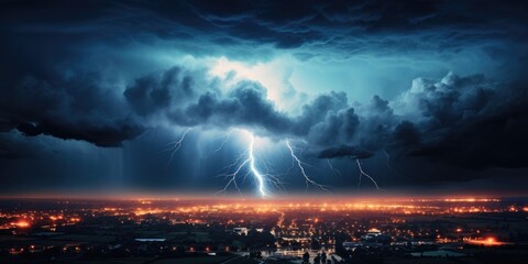 Naklejka na ściany i meble Lightning from a thundercloud at night. some lightning during thunderstorm. Generative AI
