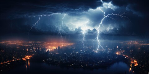 Lightning from a thundercloud at night. some lightning during thunderstorm. Generative AI