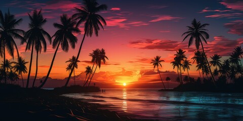 Fototapeta na wymiar Colorful sunset on a paradise island. Palm trees against the backdrop of sunset.