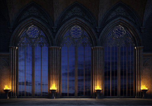 Abandoned castle with a large gothic window sunset rays