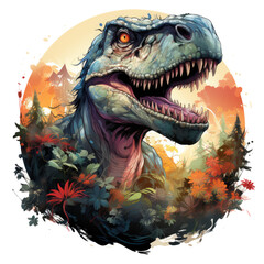 An enchanting Dinosaur t-shirt design portraying a magical forest where dinosaurs and mythical creatures coexist, Generative Ai