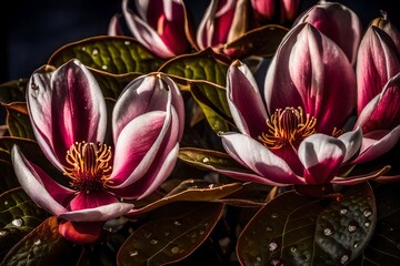 A Still Life Close up Shot of Magnolia Flowers. In this close-up view, the magnolia blossoms are a symphony of color and detail - AI generative