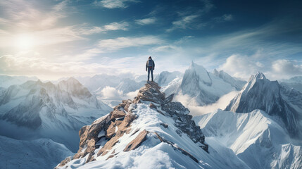 Panorama of Mountaineer standing on top of snowy mountain