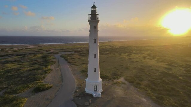 Aerial view of California Lighthouse along the coastline in Aruba.