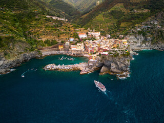 small towns of Italy on the coast, sunny weather, drone photography, warm light, blue sea - obrazy, fototapety, plakaty