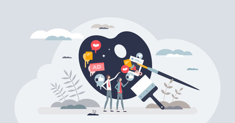 Crafting perfect marketing playbook for company strategy tiny peron concept. Planning promotions, ads and social media content for effective brand recognition and business style vector illustration.