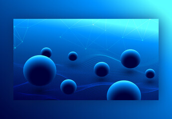 3D Sphere or Balls with Polygonal Lines on Blue Abstract Wavy Particles Background. Landing Page or Web Banner Design.