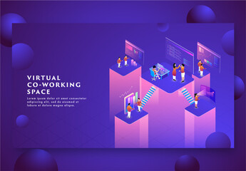 Virtual Co-Working Space Concept Based Landing Page with Business People Working at Different Workplace.