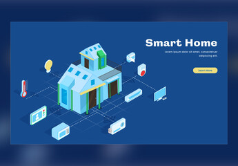 Smart Home Landing Page or Web Banner Design, 3D Illustration of Home Connected with Smart Devices on Blue Background