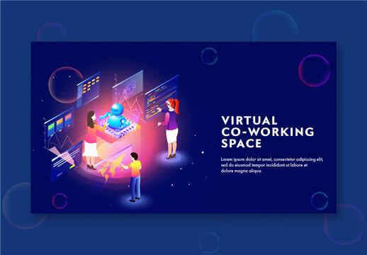 Virtual Co-Working Space Concept Based Landing Page with Business People Working, Robotic at Different Platform in Isometric Design.