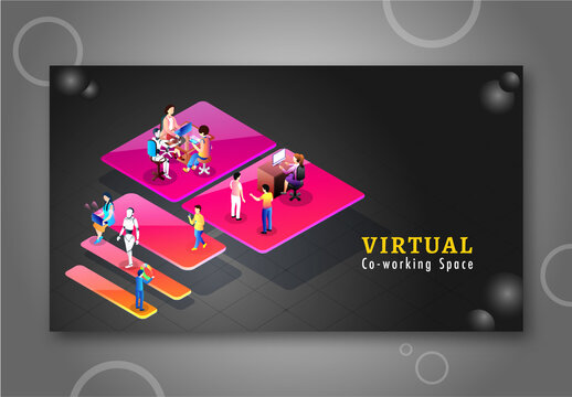Virtual Co-Working Space Concept Based Landing Page Design with Business People Working at Different Workplace.