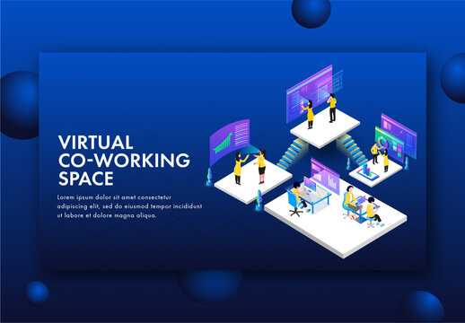 Virtual Co-Working Space Concept Based Landing Page Design with Business People Performing Same Task at Different Workplace.