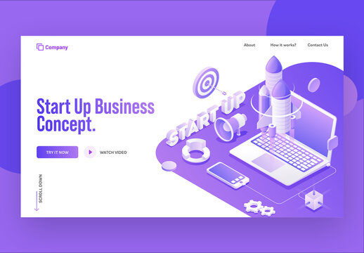 Startup Business Concept Based Landing Page with 3D Text, Rocket Launching from Laptop.