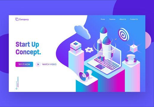 Startup Concept Based Landing Page, Launching a Project of Rocket from Laptop and Business Elements on Different Platform.
