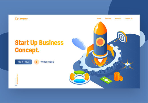 Startup Business Concept Based Landing Page Design with Rocket Launching and Business Elements.