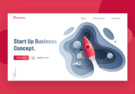 Business Startup Concept Based Landing Page Design with Launching Rocket on Paper Layer Cut Background.