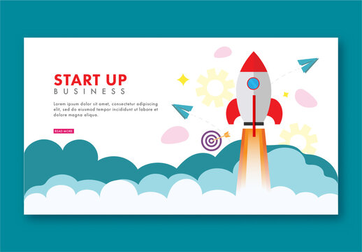 Startup Business Concept Based Landing Page Design with Flat Style Rocket Launching.