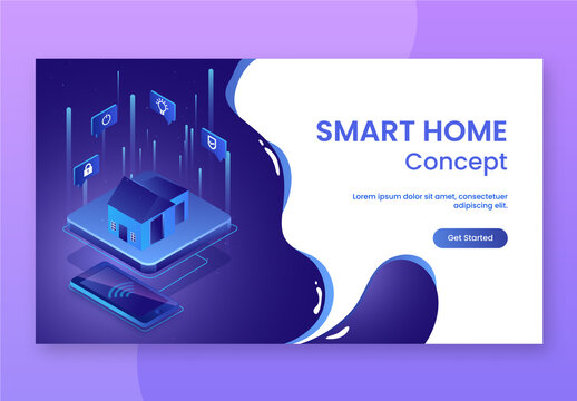 Smart Home Concept Based Landing Page Design with Isometric Smartphone Connected House and Internet of Things.