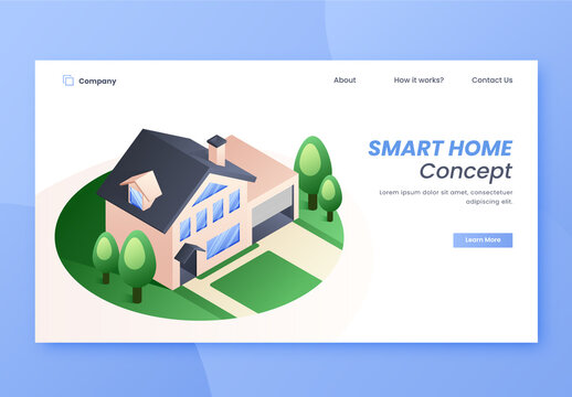 Smart Home Concept Based Landing Page Design with House Building and Trees.