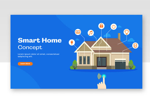 Blue Color Landing Page or Hero Image with Smart Home Automation System.