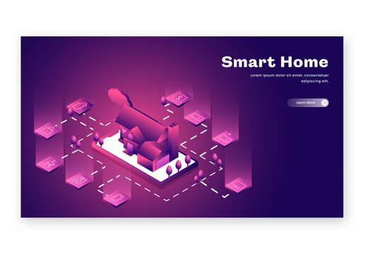 Responsive Landing Page Design, Smart Home Connected or Control with Digital Devices Through Internet Network, Internet of Things Background.