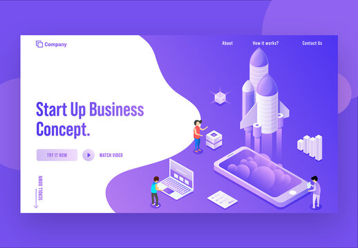 Responsive Landing Page Design, Business People Launching a New Project For Startup Concept.