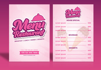 Editable Restaurant Menu Card, Template Layout in Pink Color.