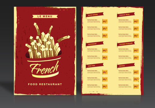 French Food Restaurant Menu Card Template Layout in Red And Yellow Brush Stroke Effect.