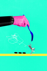 Vertical collage image of big pink arm hold fork eat terrified mini black white colors guy isolated...