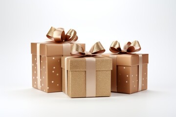 Photo of three beautifully wrapped gift boxes with festive bows created with Generative AI technology