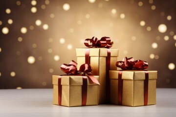Photo of christmas gift boxes with bows on a festive background - created with Generative AI technology