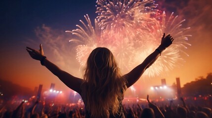 Music open air festival with dancing and cheering audience on fireworks light background. Happy party girl with hands up enjoy and celebrating evening concert