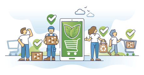 Digital green shopping and sustainable e-commerce business outline concept. Environmental and nature friendly order packaging using recyclable materials vector illustration. Online web shop market.