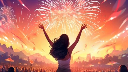 Music open air festival with dancing and cheering audience on fireworks light background. Happy party girl with hands up enjoy and celebrating evening concert